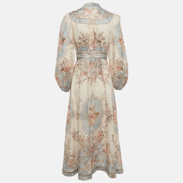 Pre Owned Zimmermann Beige /Blue Printed Linen Plunge August Midi Dress M