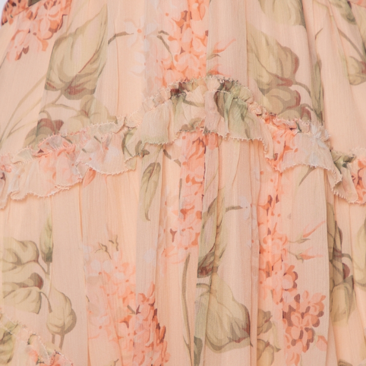 Pre Owned Zimmermann Peach Floral Printed Silk Cut Out Lace Up Detailed Mini Dress XS