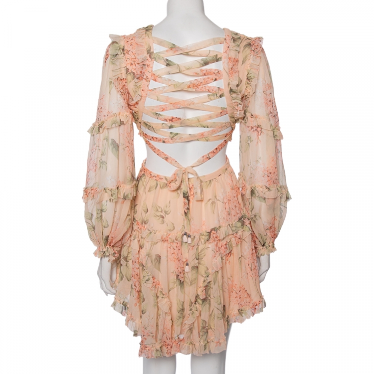 Pre Owned Zimmermann Peach Floral Printed Silk Cut Out Lace Up Detailed Mini Dress XS