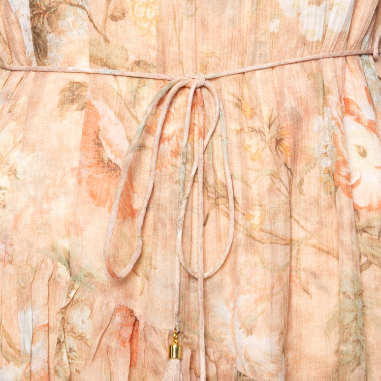 Pre Owned Zimmermann Multicolored Floral Printed Silk Tiered Gathered Hem Belted Dress S