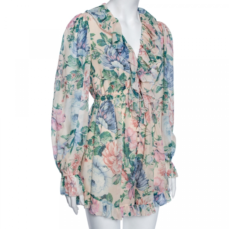 Pre Owned Zimmermann Cream Floral Printed Chiffon Natural Verity Floating Ruffled Jumpsuit XS