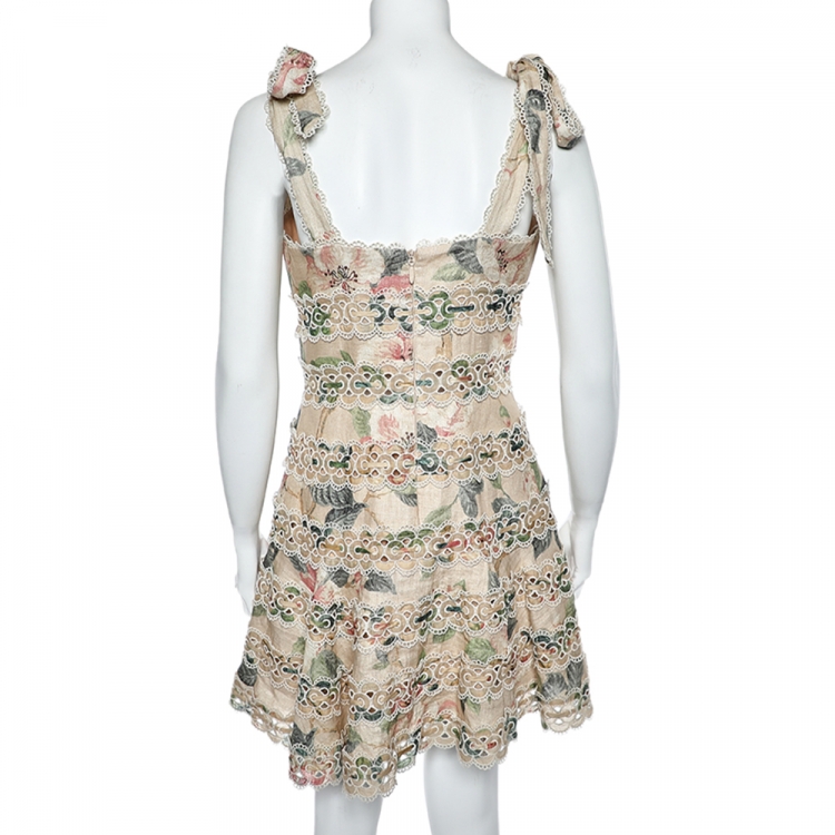 Pre Owned Zimmermann Beige Floral Printed Linen Trim Detail Kirra Dress M