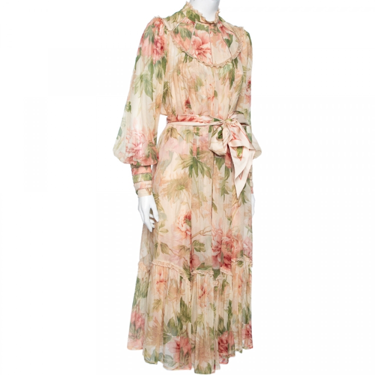 Pre Owned Zimmermann Multicolored Floral Printed Chiffon & Lace Trimmed Belted Dress L