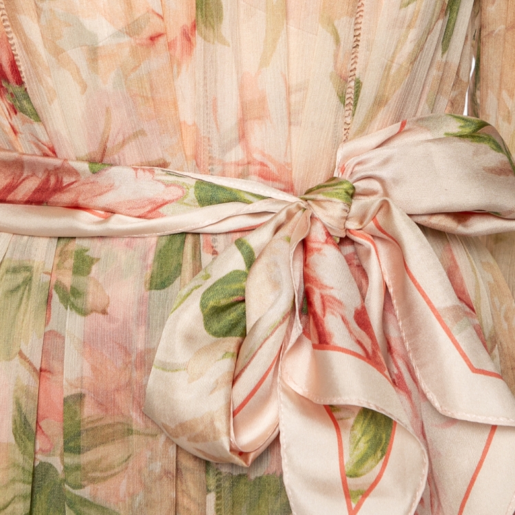 Pre Owned Zimmermann Multicolored Floral Printed Chiffon & Lace Trimmed Belted Dress L