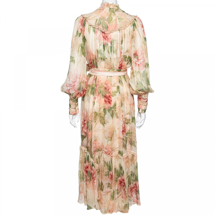 Pre Owned Zimmermann Multicolored Floral Printed Chiffon & Lace Trimmed Belted Dress L