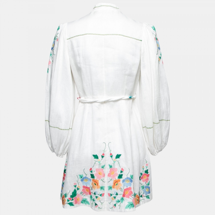 Pre Owned Zimmermann White Embroidered Linen Belted Dress M