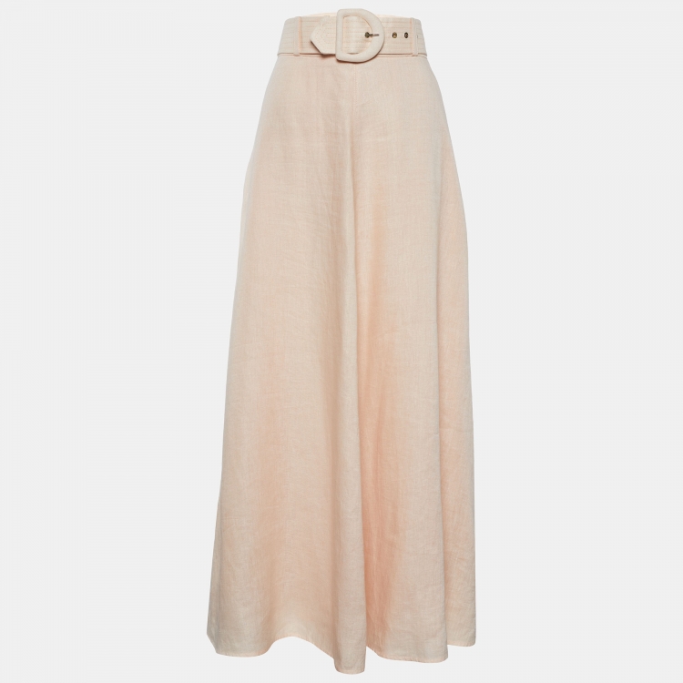 Pre Owned Zimmermann Peach Linen Belted Maxi Skirt L
