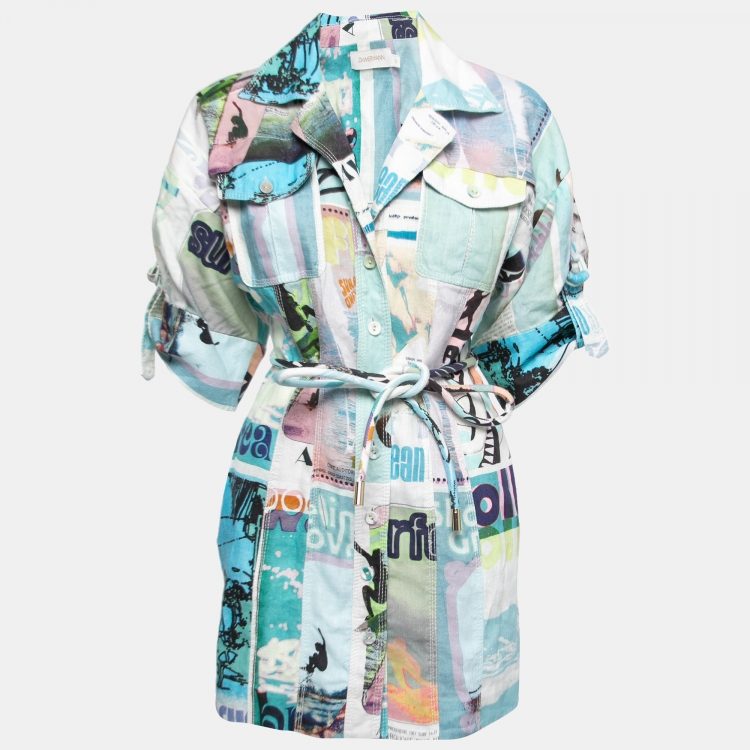 Pre Owned Zimmermann Multicolor Printed Linen Belted Mini Shirtdress S