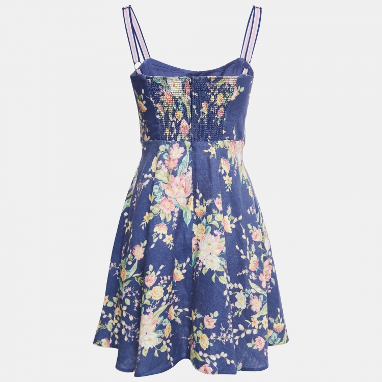Pre Owned Zimmermann Blue Floral Printed Linen Mini Dress M