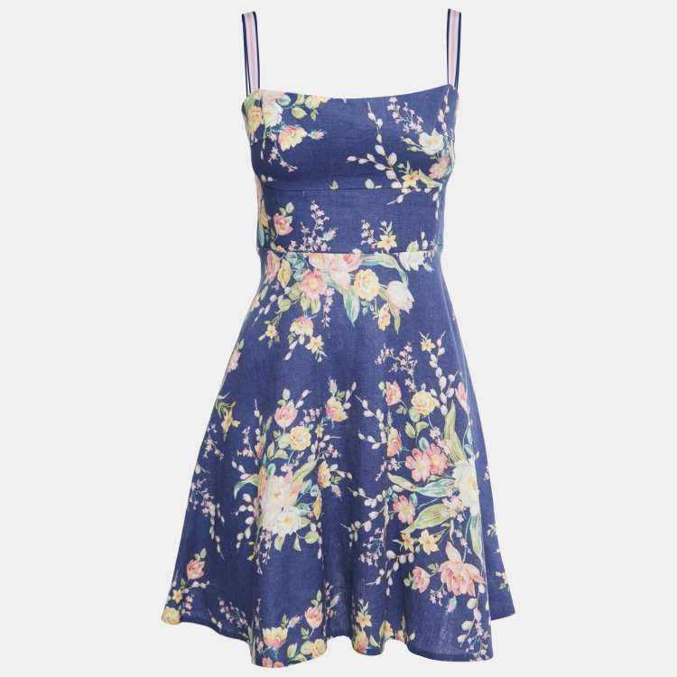 Pre Owned Zimmermann Blue Floral Printed Linen Mini Dress M