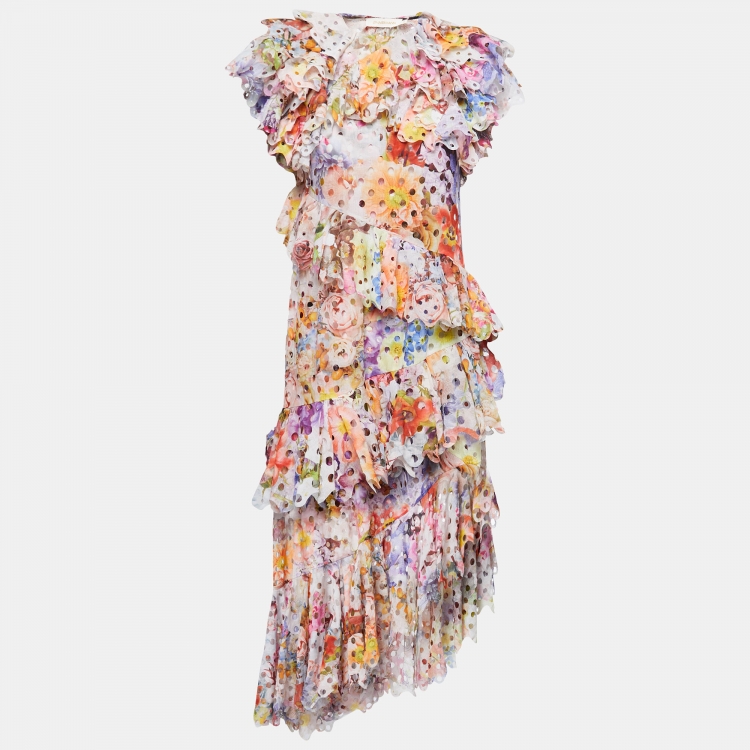Pre Owned Zimmermann Multicolor Floral Print Laser-Cut Gauze Frilled Prima Gown S