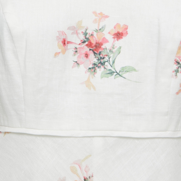 Pre Owned Zimmermann White Floral Printed Linen Long Sleeve Midi Dress M