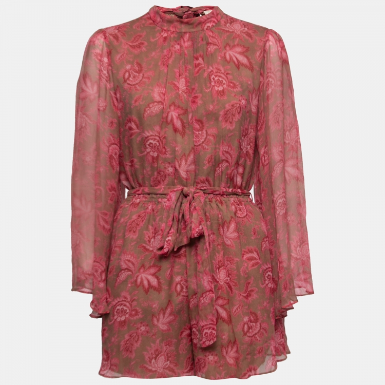 Zimmermann Brown Floral Printed Chiffon Silk Belted Playsuit L