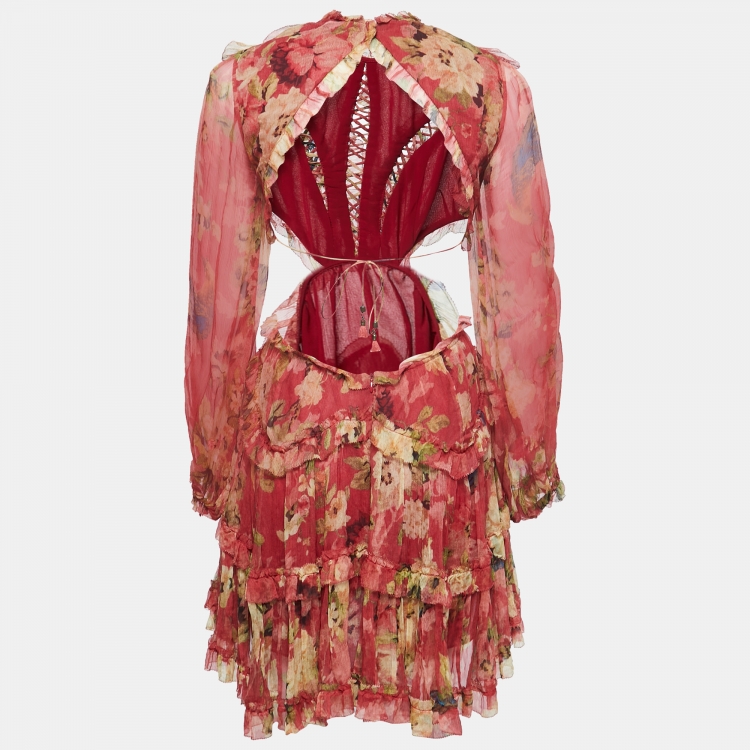 Zimmermann Red Floral Printed Chiffon Ruffled Backless Mini Dress