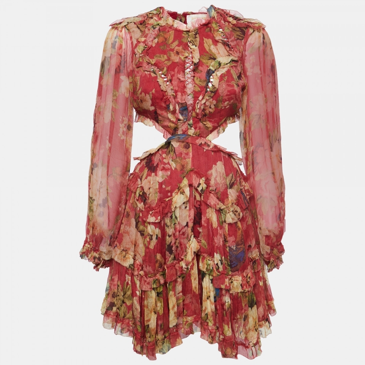 Zimmermann Red Floral Printed Chiffon Ruffled Backless Mini Dress M ...