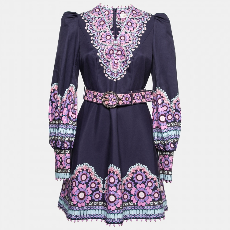 مملوكة مسبقًا Zimmermann Navy Blue Daisy Print Silk Blend V-Neck Beaded Mini Dress M