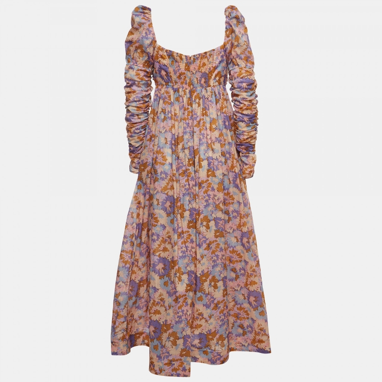 Pre Owned Zimmermann Multicolor Floral Print Cotton Ruched Sleeve Midi Dress M