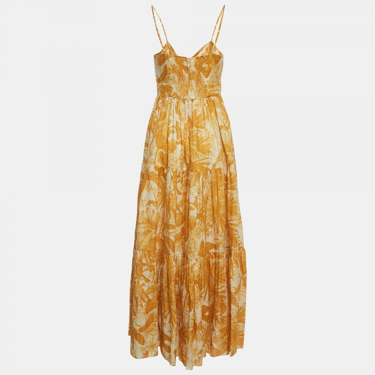 Pre Owned Zimmermann Yellow Floral Print Linen Cut-Out Tie Detail Tiered Midi Dress M