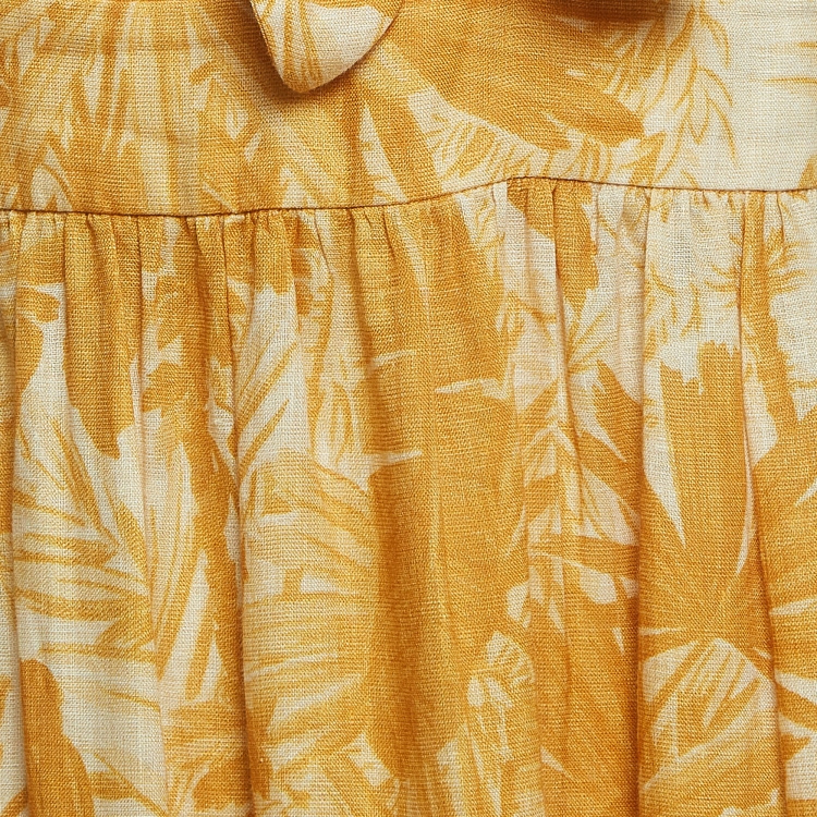 Pre Owned Zimmermann Yellow Floral Print Linen Cut-Out Tie Detail Tiered Midi Dress M