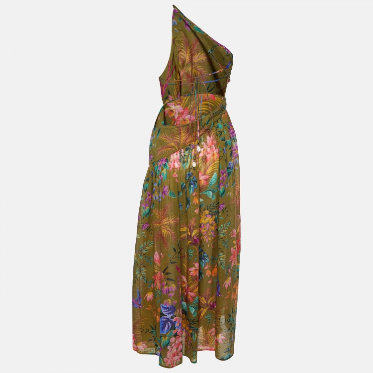 Pre Owned Zimmermann Olive Green Floral Print Cotton Tropicana Asymmetric Dress M