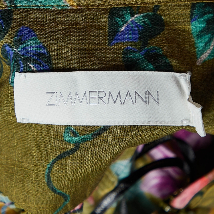 Pre Owned Zimmermann Olive Green Floral Print Cotton Tropicana Asymmetric Dress M