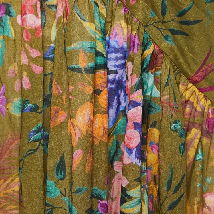 Pre Owned Zimmermann Olive Green Floral Print Cotton Tropicana Asymmetric Dress M