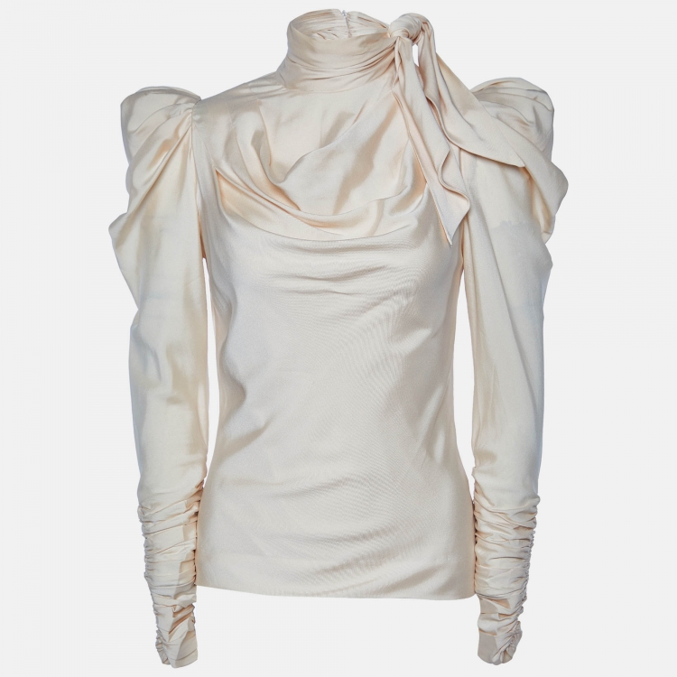 Pre Owned Zimmermann Beige Stretch Silk Ruched Long Sleeve Blouse S