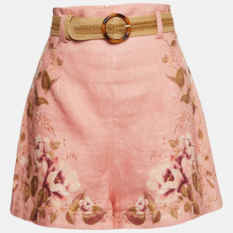 Pre Owned Zimmermann Pink Floral Print Linen Belted Shorts M