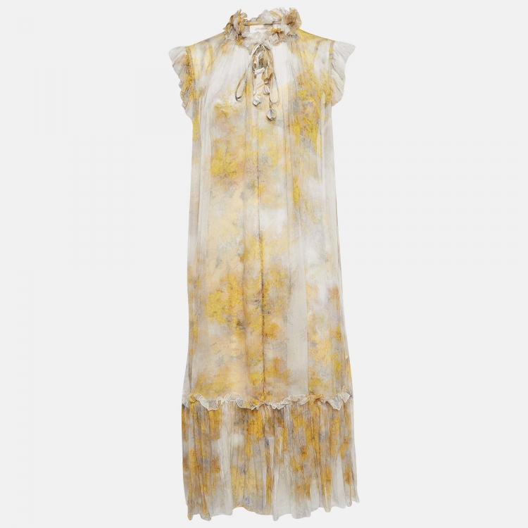 Pre Owned Zimmermann Yellow Floral Print Silk Tie-Up Detail Wild Botanica Midi Dress M