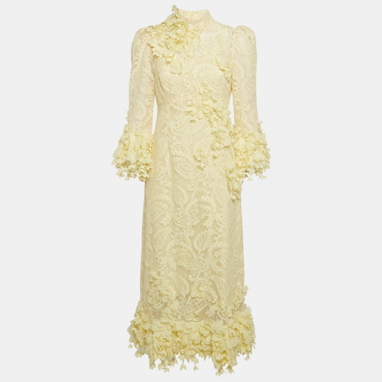 Pre Owned Zimmermann Yellow High Tide Applique Lace Midi Dress M