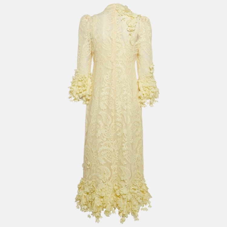 Pre Owned Zimmermann Yellow High Tide Applique Lace Midi Dress M