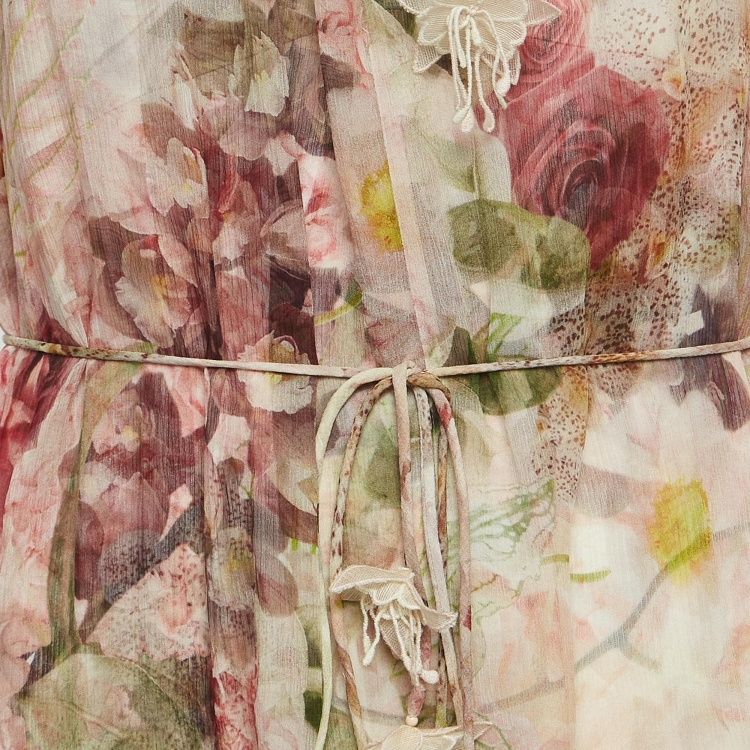 Pre Owned Zimmermann Pink Floral Printed Chiffon Silk Flutter Midi Dress M