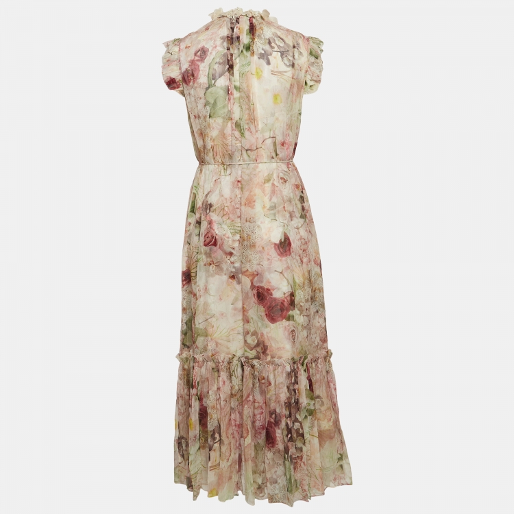 Pre Owned Zimmermann Pink Floral Printed Chiffon Silk Flutter Midi Dress M