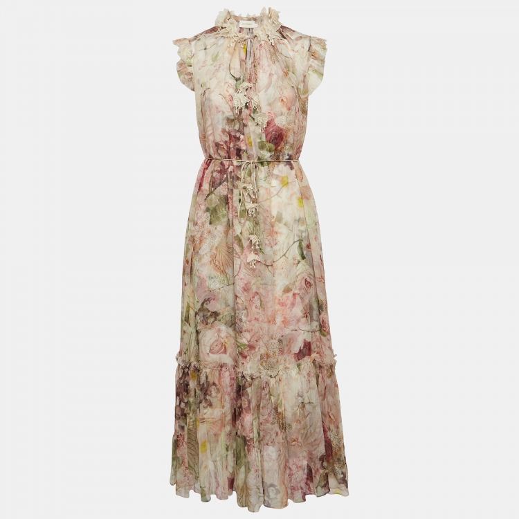Pre Owned Zimmermann Pink Floral Printed Chiffon Silk Flutter Midi Dress M