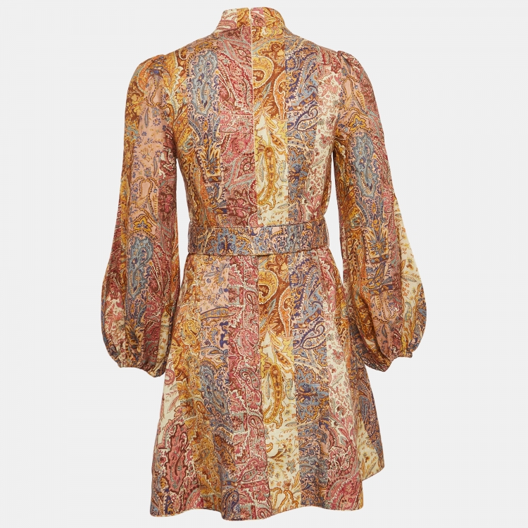 مملوكة مسبقًا Zimmermann Multicolor Printed Linen Luminosity Belted Mini Dress M