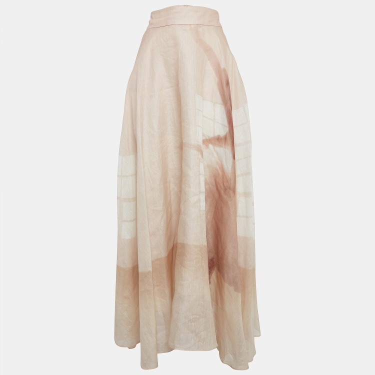 Pre Owned Zimmermann Pink Printed Linen-Blend Maxi Skirt S