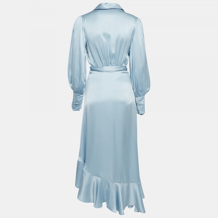 مملوكة مسبقًا Zimmermann Blue Silk Satin Asymmetric Midi Wrap Dress M