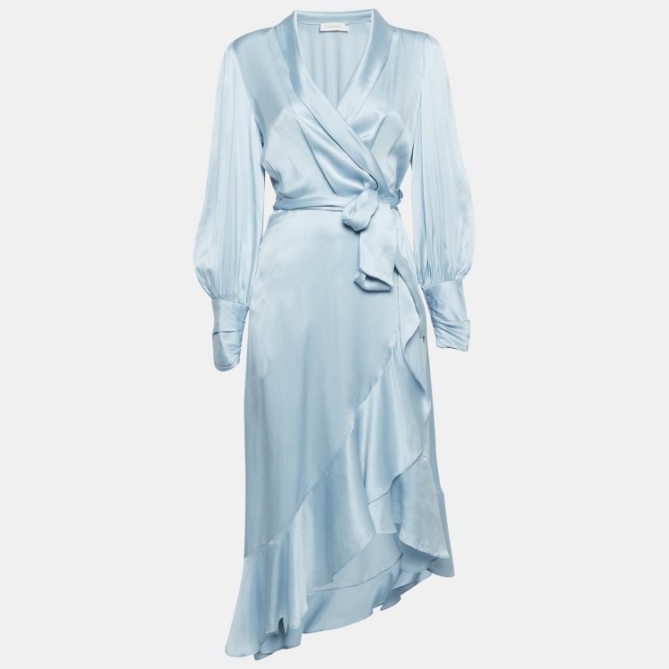 مملوكة مسبقًا Zimmermann Blue Silk Satin Asymmetric Midi Wrap Dress M