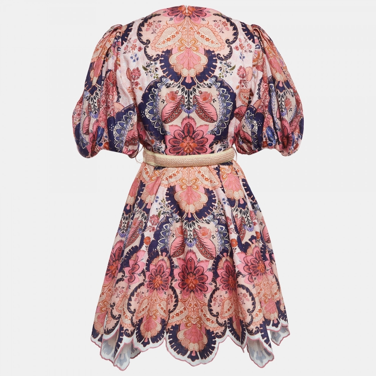مملوكة مسبقًا Zimmermann Pink Floral Print Linen Belted Mini Dress L