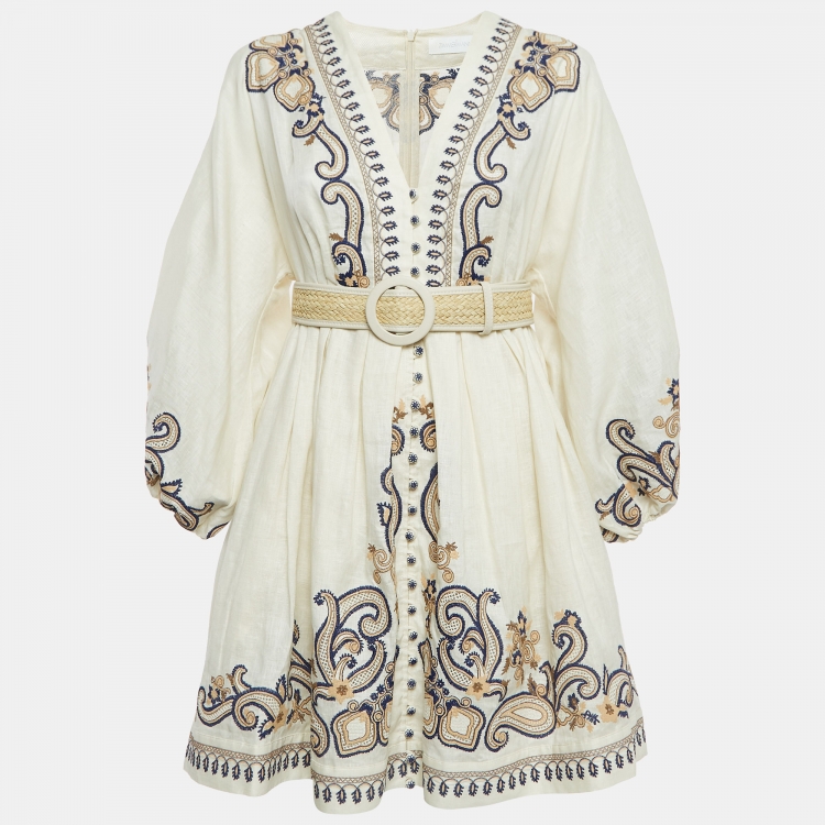 Pre Owned Zimmermann Cream Paisley Linen Belted Aliane Mini Dress L