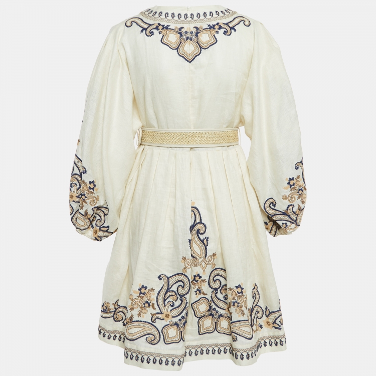 Pre Owned Zimmermann Cream Paisley Linen Belted Aliane Mini Dress L