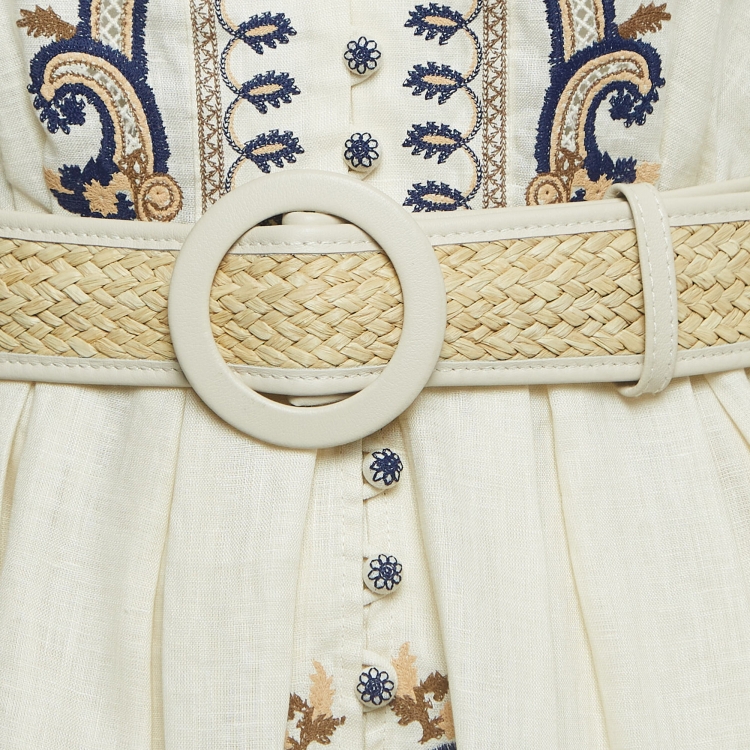 Pre Owned Zimmermann Cream Paisley Linen Belted Aliane Mini Dress L