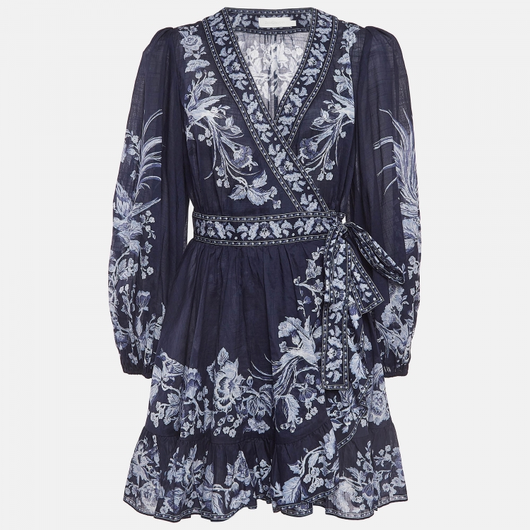 Pre Owned Zimmermann Blue Floral Print Cotton Aliane Wrap Mini Dress M