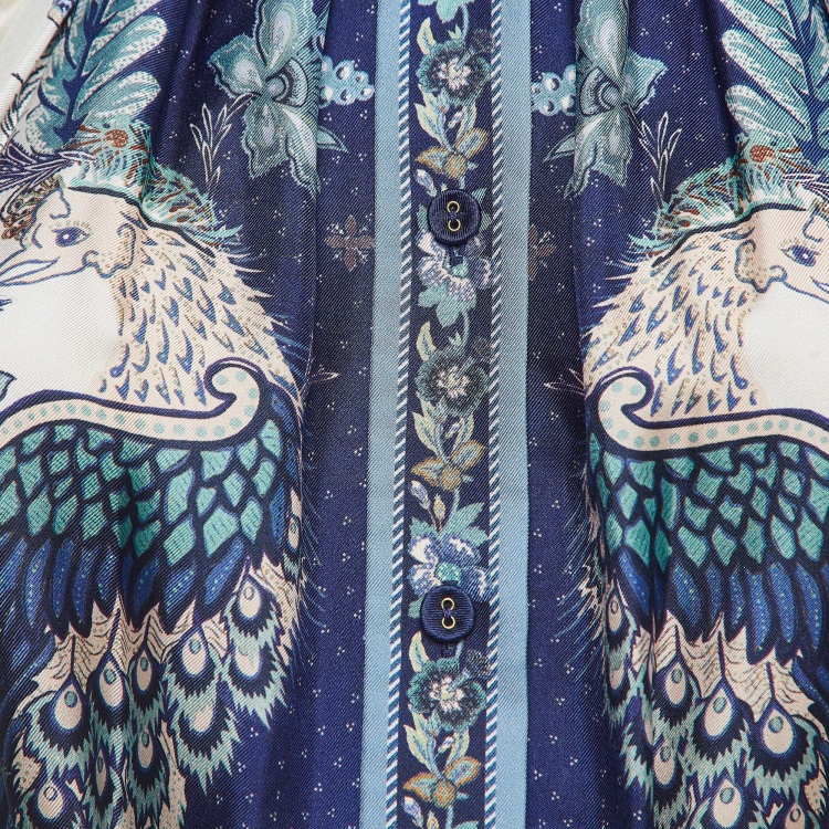 Pre Owned Zimmermann White/Blue Glassy Floral Silk Belted Mini Dress M