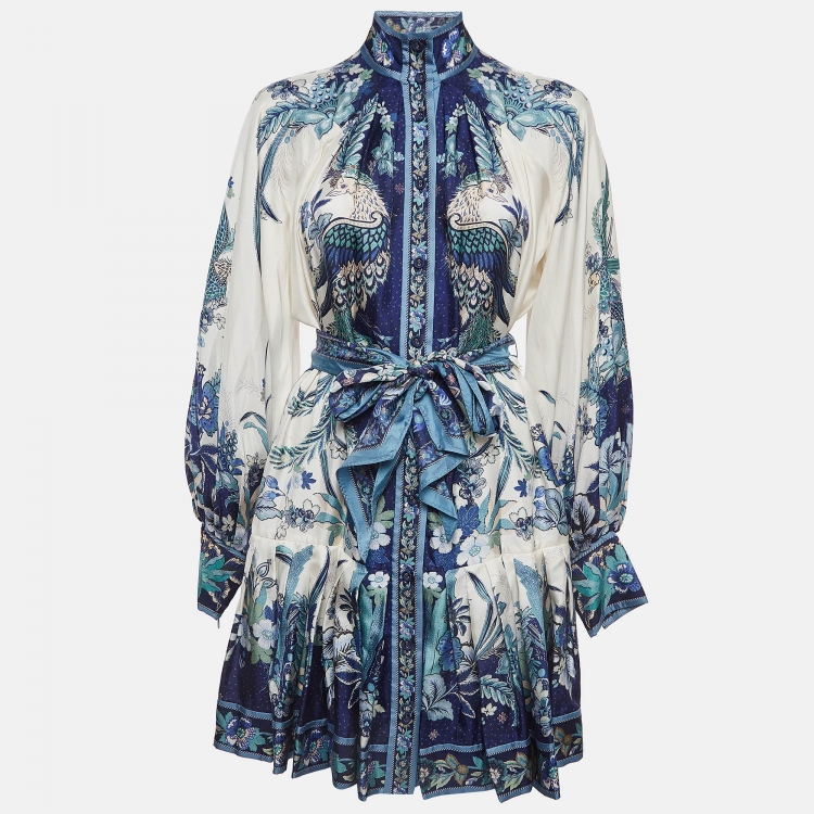 Pre Owned Zimmermann White/Blue Glassy Floral Silk Belted Mini Dress M