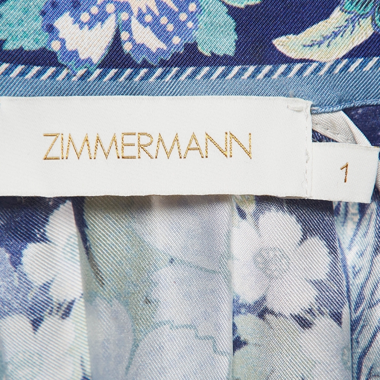 Pre Owned Zimmermann White/Blue Glassy Floral Silk Belted Mini Dress M