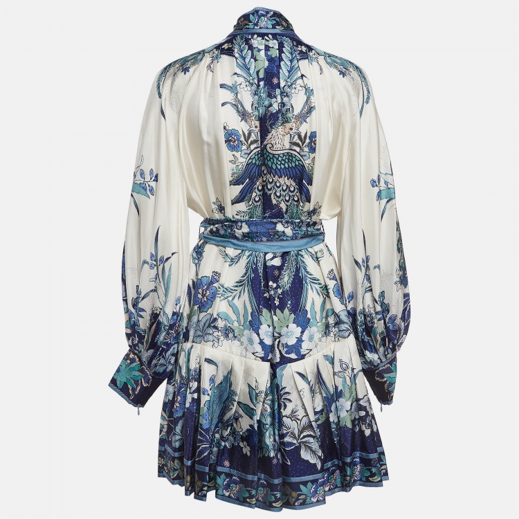 Pre Owned Zimmermann White/Blue Glassy Floral Silk Belted Mini Dress M