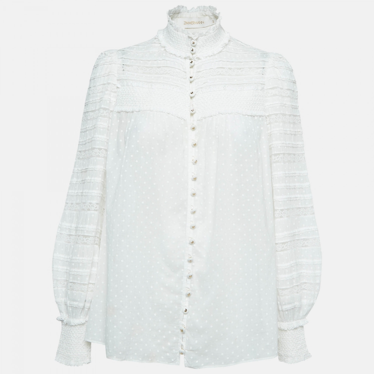 Pre Owned Zimmermann White Dot Print Cotton Lace Trim Buttoned Front Top M