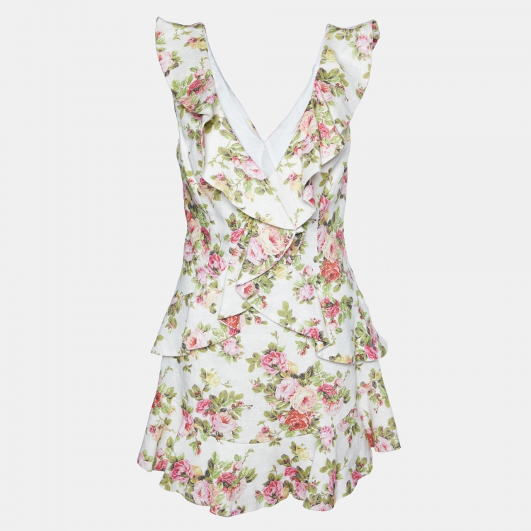 Pre Owned Zimmermann White Watermelon Floral Print Linen Flutter Dress L