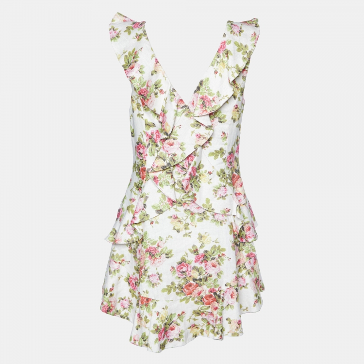 Pre Owned Zimmermann White Watermelon Floral Print Linen Flutter Dress L